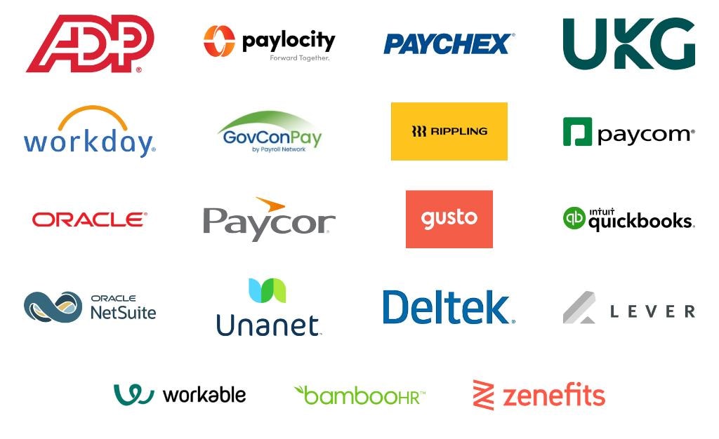 HR and payroll platforms our consultants work with: ADP, Paylocity, Paychex, UKG, Workday, GovConPay, Rippling, Paycom, Oracle, Paycor, Gusto, QuickBooks, Oracle NetSuite, Unanet, Deltek, Lever, Workable, BambooHR, Zenefits